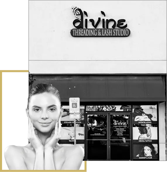 Divine Threading & Lash Studio storefront showcasing eyelash extensions, microblading, and makeup